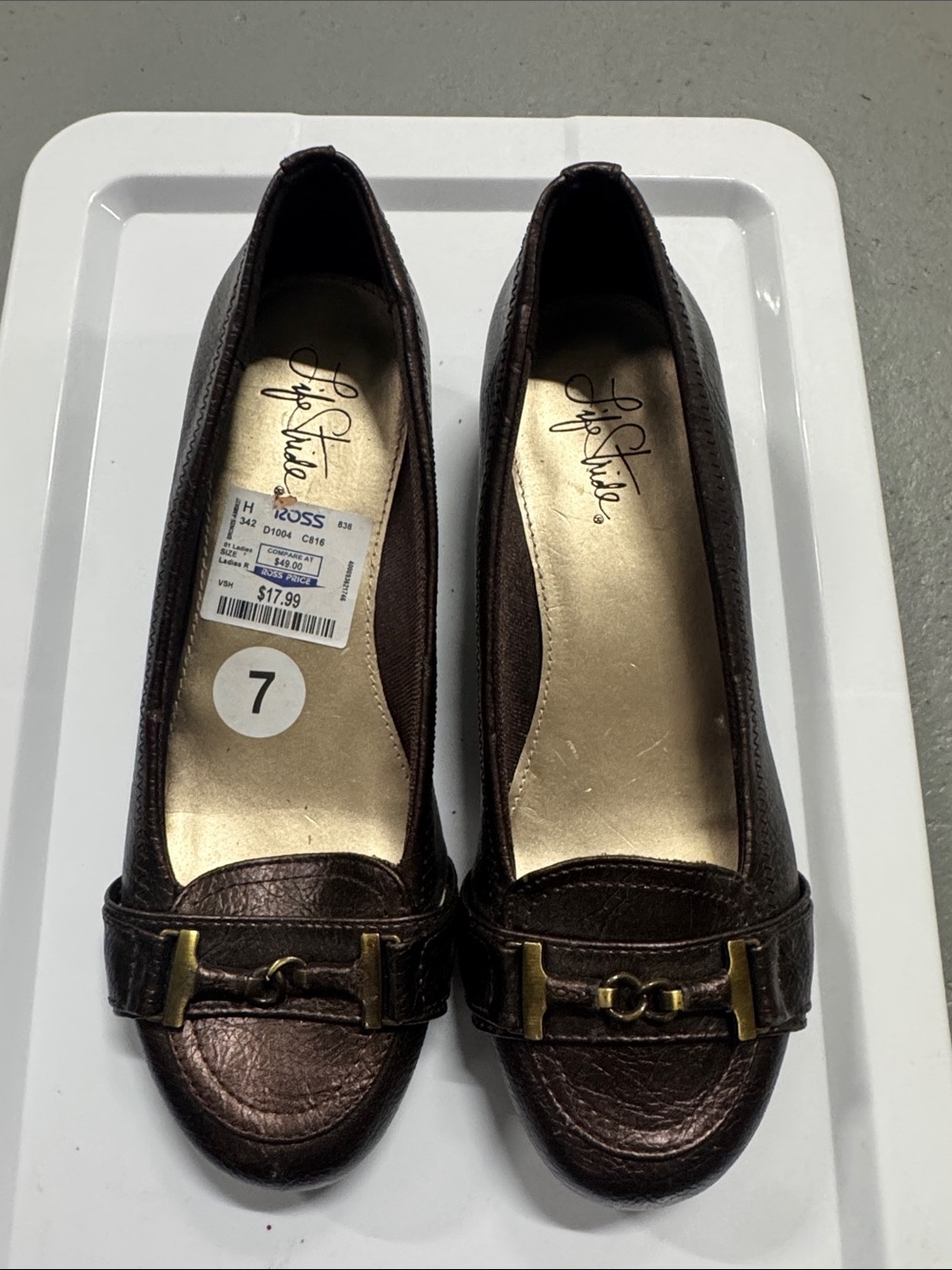 NEW Life Stride Dark Brown Leather Loafers with Gold Accent Size 7